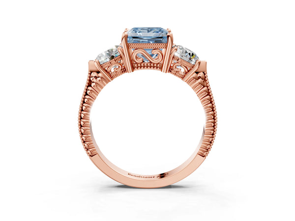 Rose Gold Princess Cut Vintage Three Stone Engagement Ring Setting for Fancy Blue Center