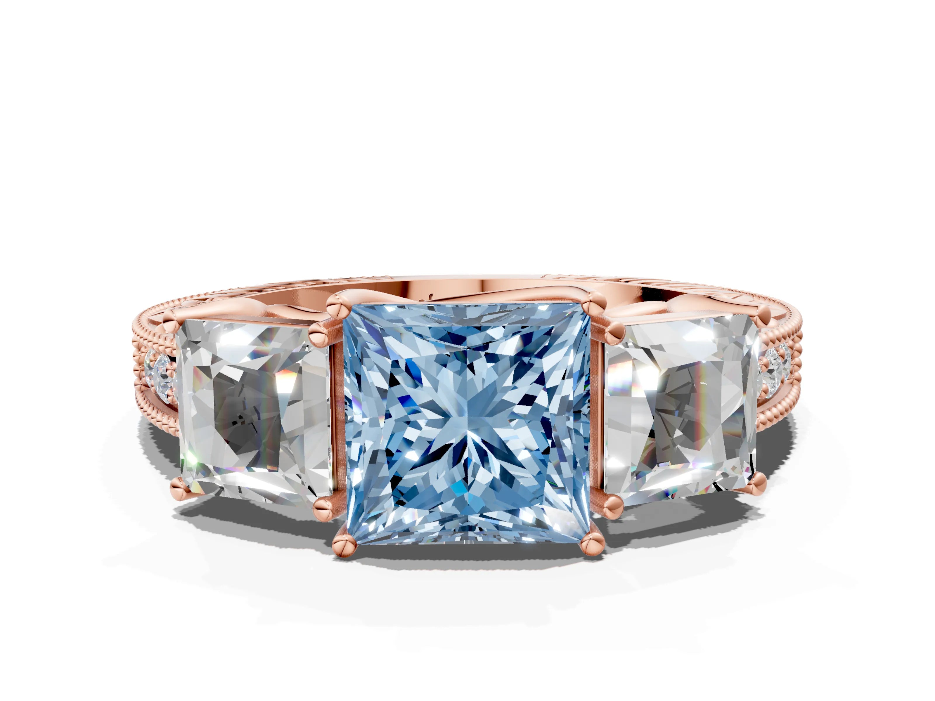 Rose gold Three-Stone Fancy Blue Princess Cut Cut Milgrain Pavé Engagement Ring