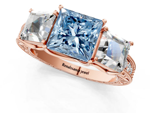 Rose gold Three-Stone Fancy Blue Princess Cut Cut Milgrain Pavé Engagement Ring_1