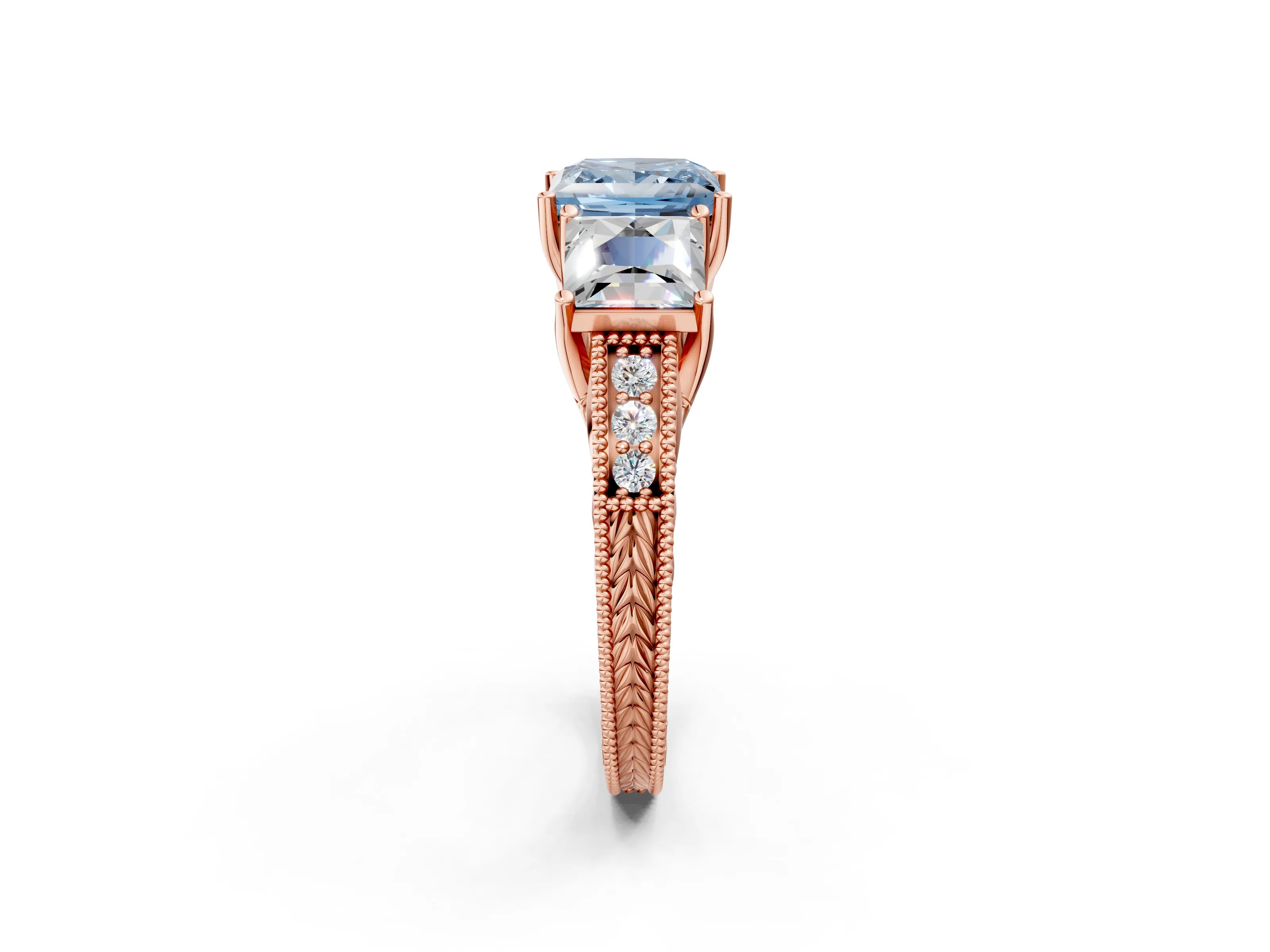Rose gold Three-Stone Fancy Blue Princess Cut Cut Milgrain Pavé Engagement Ring_2