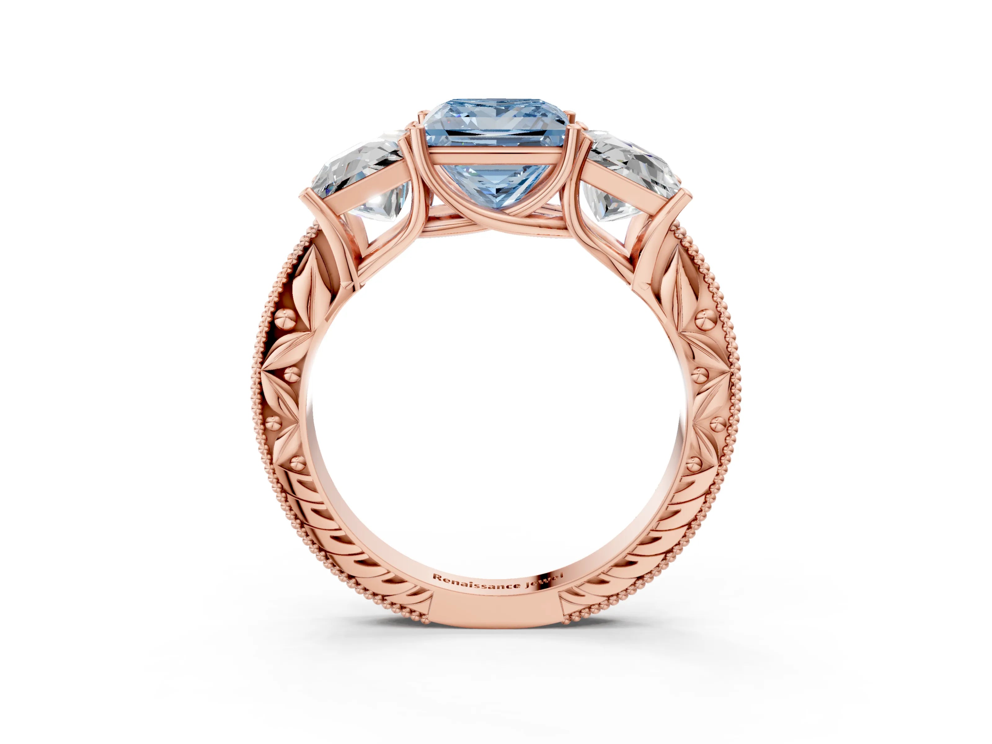 Rose gold Three-Stone Fancy Blue Princess Cut Cut Milgrain Pavé Engagement Ring_3