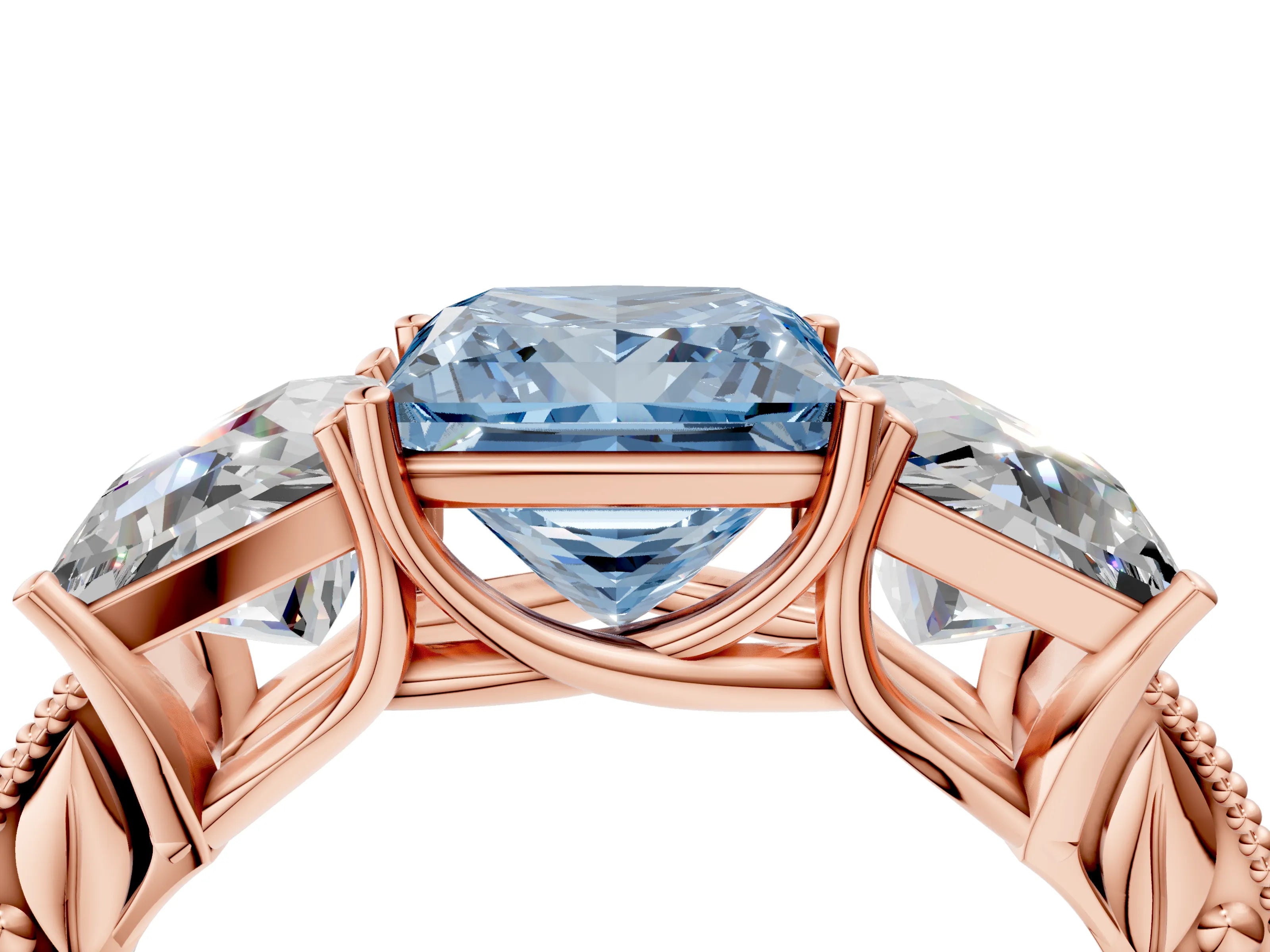 Rose gold Three-Stone Fancy Blue Princess Cut Cut Milgrain Pavé Engagement Ring_4