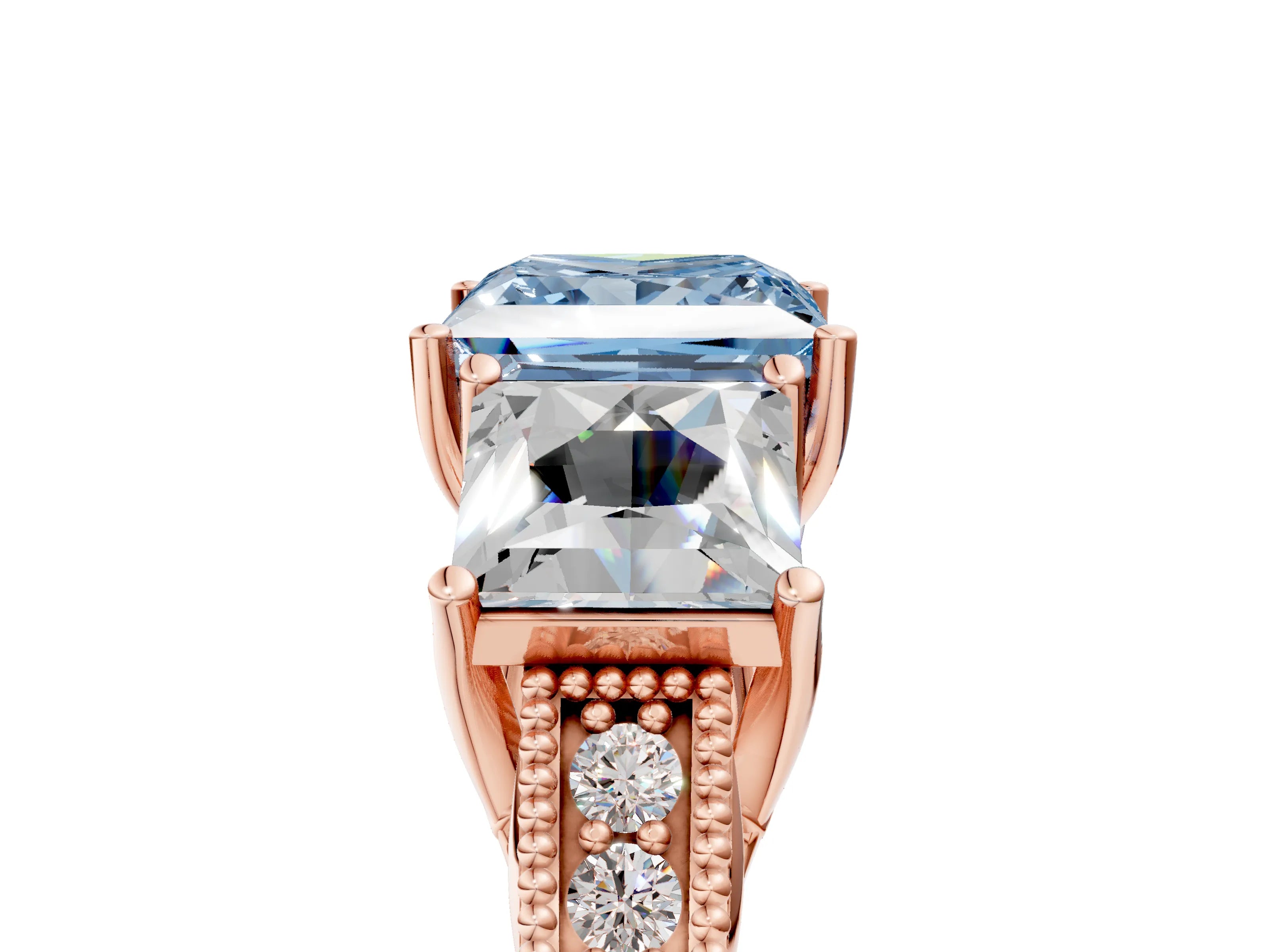 Rose gold Three-Stone Fancy Blue Princess Cut Cut Milgrain Pavé Engagement Ring_5