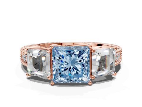 Rose gold Three-Stone Fancy Blue Princess Cut Cut Milgrain Pavé Engagement Ring