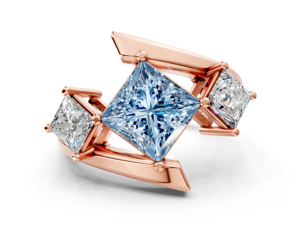Rose gold Three-Stone Fancy Blue Princess Cut Cut Tension Band Ring with Four-Prong Setting