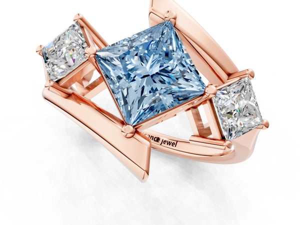 Rose gold Three-Stone Fancy Blue Princess Cut Cut Tension Band Ring with Four-Prong Setting