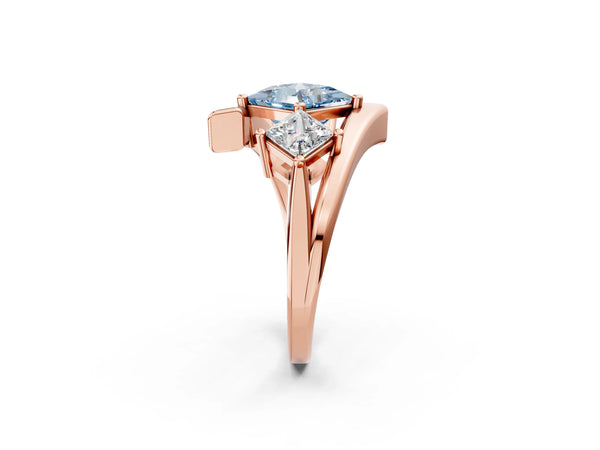 Rose gold Three-Stone Fancy Blue Princess Cut Cut Tension Band Ring with Four-Prong Setting