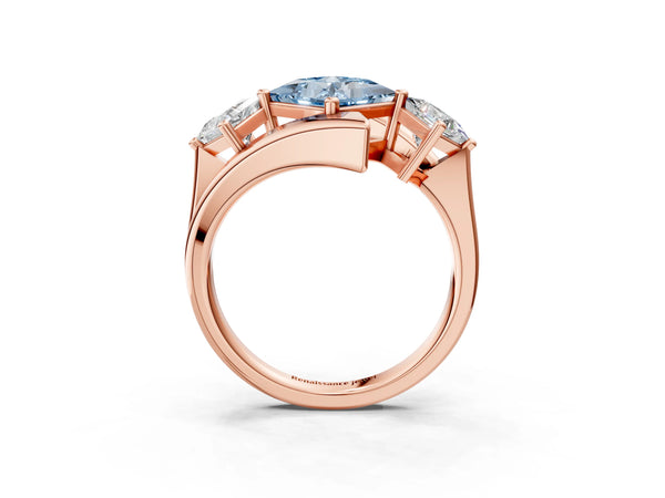 Rose gold Three-Stone Fancy Blue Princess Cut Cut Tension Band Ring with Four-Prong Setting