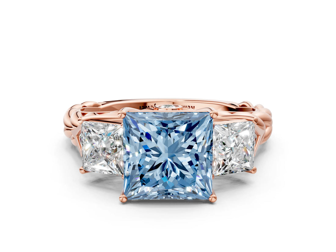 Rose gold Three-Stone Fancy Blue Princess Cut Diamond Braided Band Ring with Four-Prong Setting_39