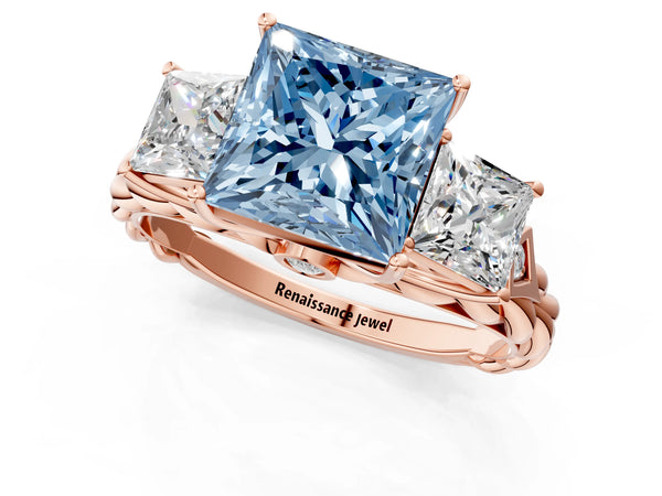 Rose gold Three-Stone Fancy Blue Princess Cut Diamond Braided Band Ring with Four-Prong Setting