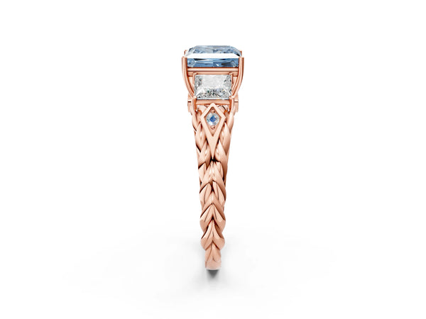Rose gold Three-Stone Fancy Blue Princess Cut Diamond Braided Band Ring with Four-Prong Setting