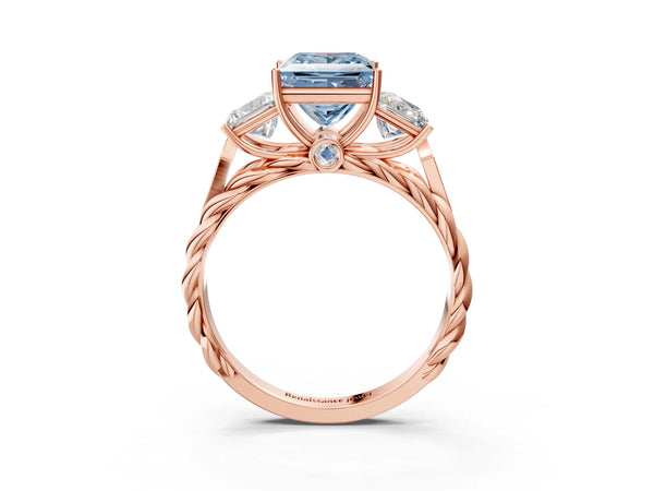 Rose gold Three-Stone Fancy Blue Princess Cut Diamond Braided Band Ring with Four-Prong Setting