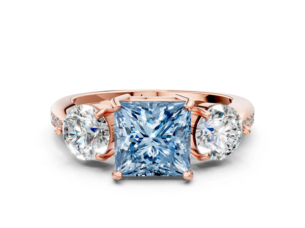 Rose gold Three-Stone Fancy Blue Princess Cut Diamond Channel Set Engagement Ring with Prong Setting
