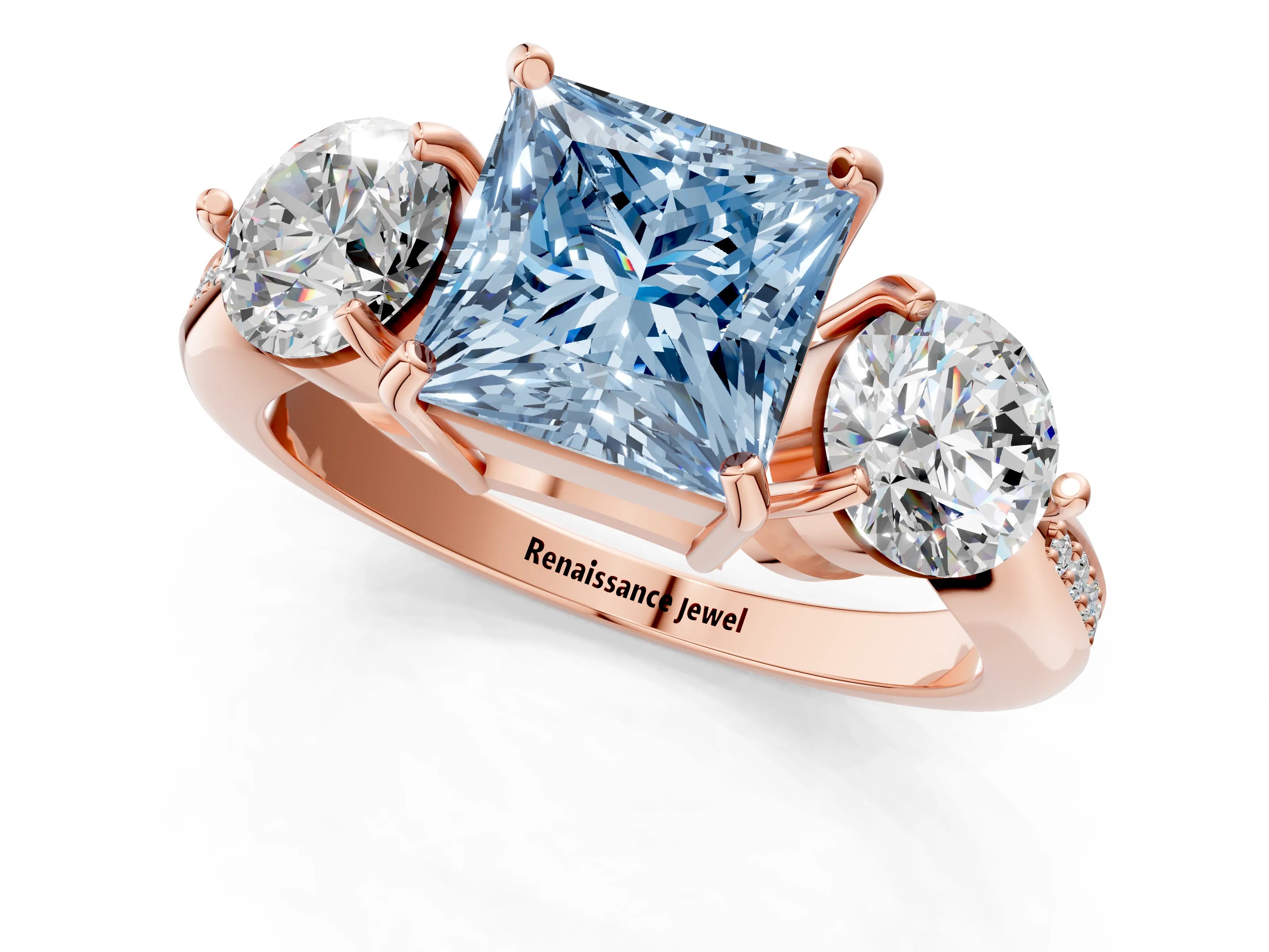 Rose gold Three-Stone Fancy Blue Princess Cut Diamond Channel Set Engagement Ring with Prong Setting_13