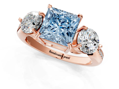 Rose gold Three-Stone Fancy Blue Princess Cut Diamond Channel Set Engagement Ring with Prong Setting_1