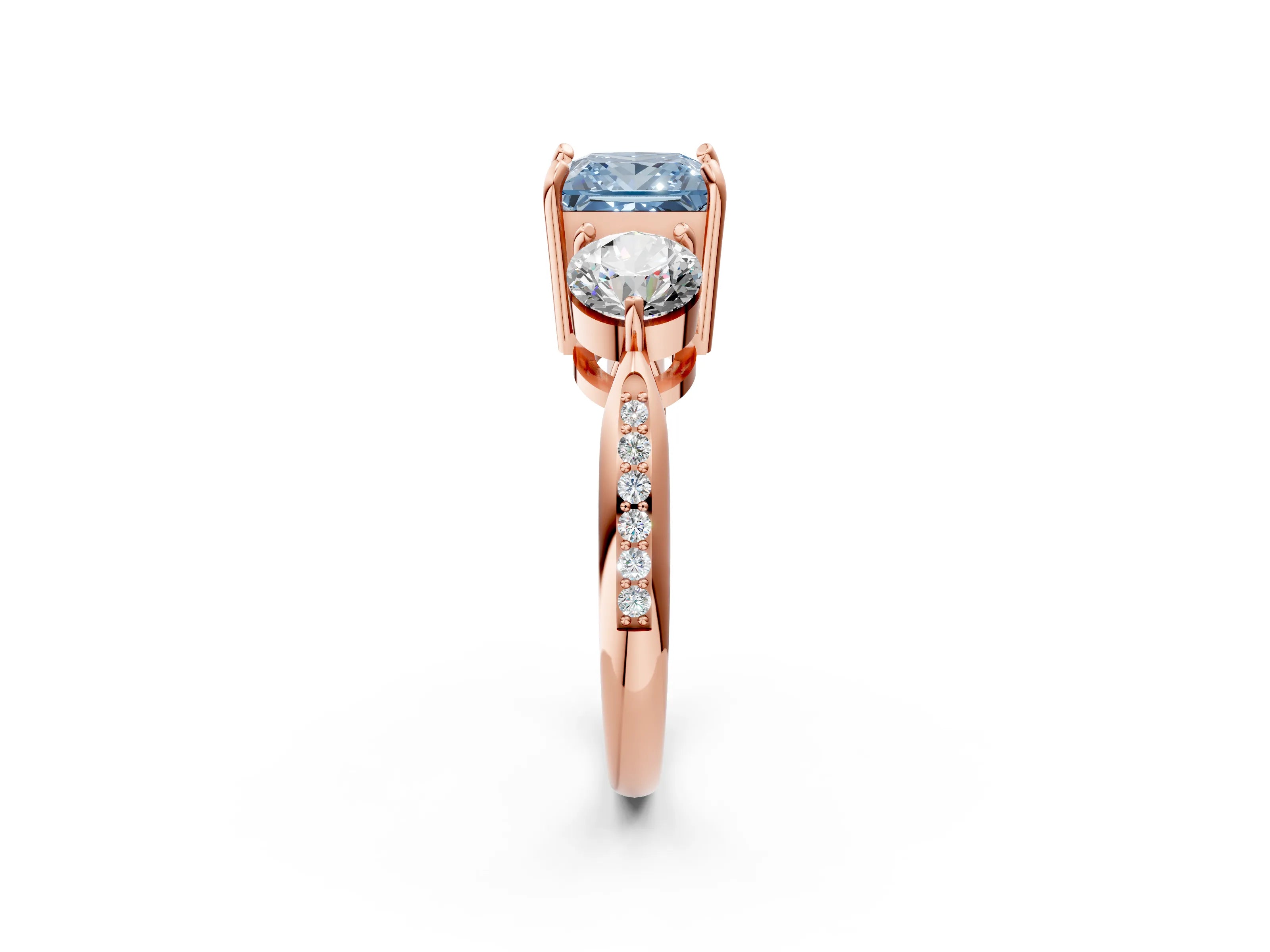 Rose gold Three-Stone Fancy Blue Princess Cut Diamond Channel Set Engagement Ring with Prong Setting_2