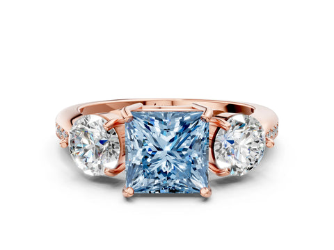 Rose gold Three-Stone Fancy Blue Princess Cut Diamond Channel Set Engagement Ring with Prong Setting