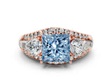 Rose gold Three-Stone Fancy Blue Princess Cut Diamond Engagement Ring with Pave Band and Prong Setting