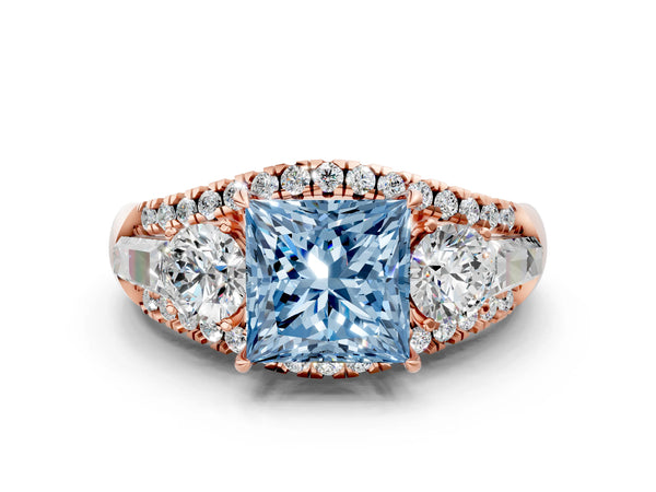 Rose gold Three-Stone Fancy Blue Princess Cut Diamond Engagement Ring with Pave Band and Prong Setting