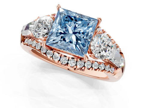 Rose gold Three-Stone Fancy Blue Princess Cut Diamond Engagement Ring with Pave Band and Prong Setting_1