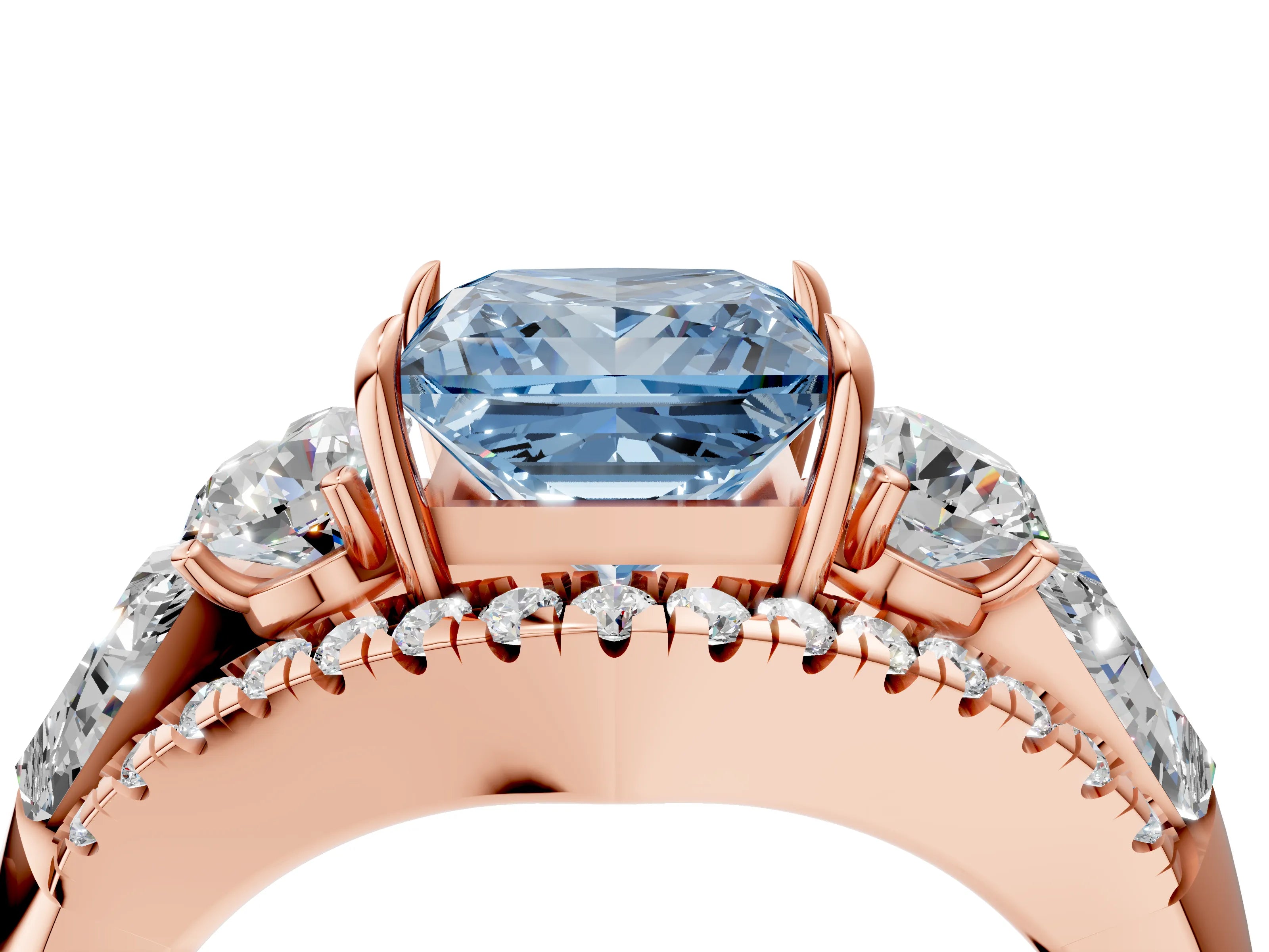 Rose gold Three-Stone Fancy Blue Princess Cut Diamond Engagement Ring with Pave Band and Prong Setting_4