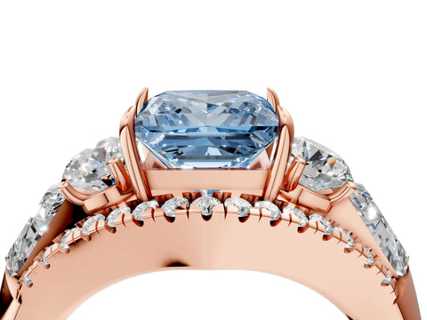 Rose gold Three-Stone Fancy Blue Princess Cut Diamond Engagement Ring with Pave Band and Prong Setting_4