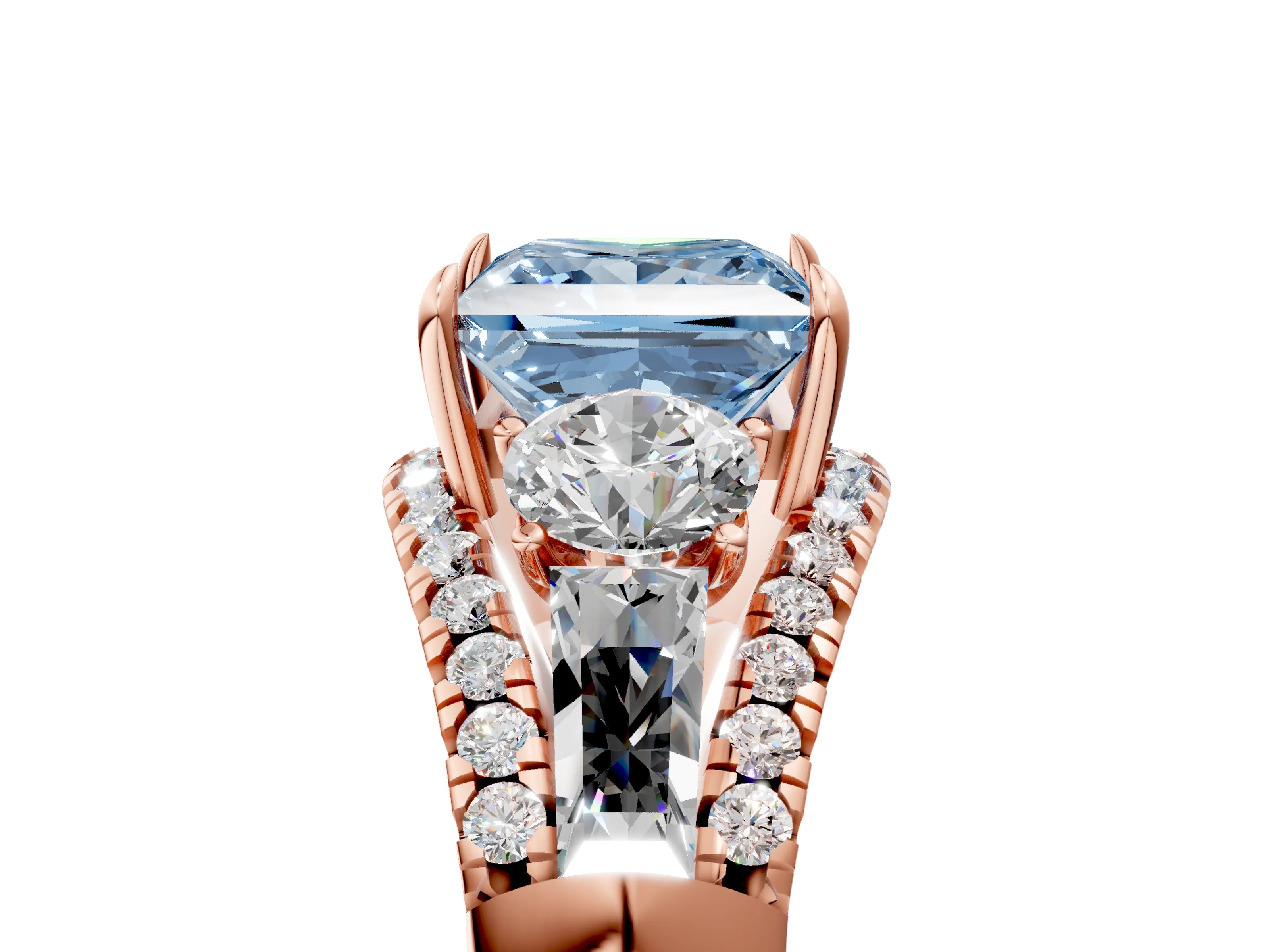Rose gold Three-Stone Fancy Blue Princess Cut Diamond Engagement Ring with Pave Band and Prong Setting_5