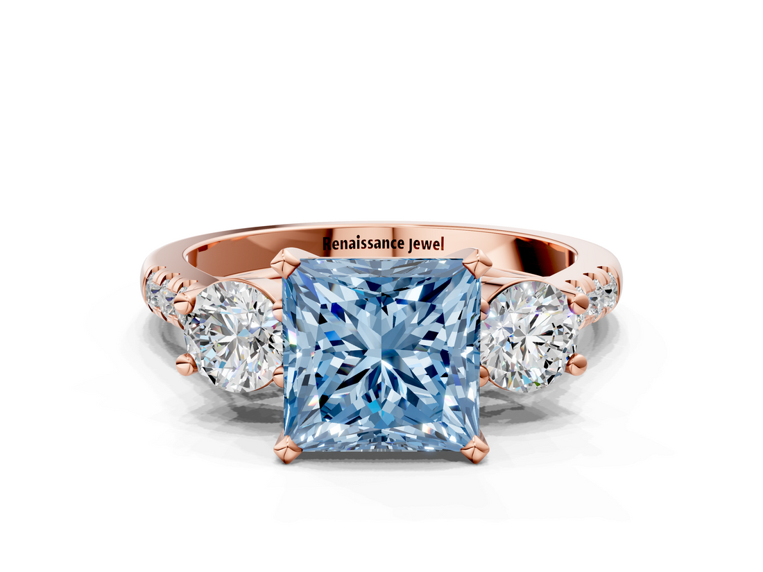 Rose gold Three-Stone Fancy Blue Princess  Cut Diamond Pavé Band with Four-Prong Setting_28