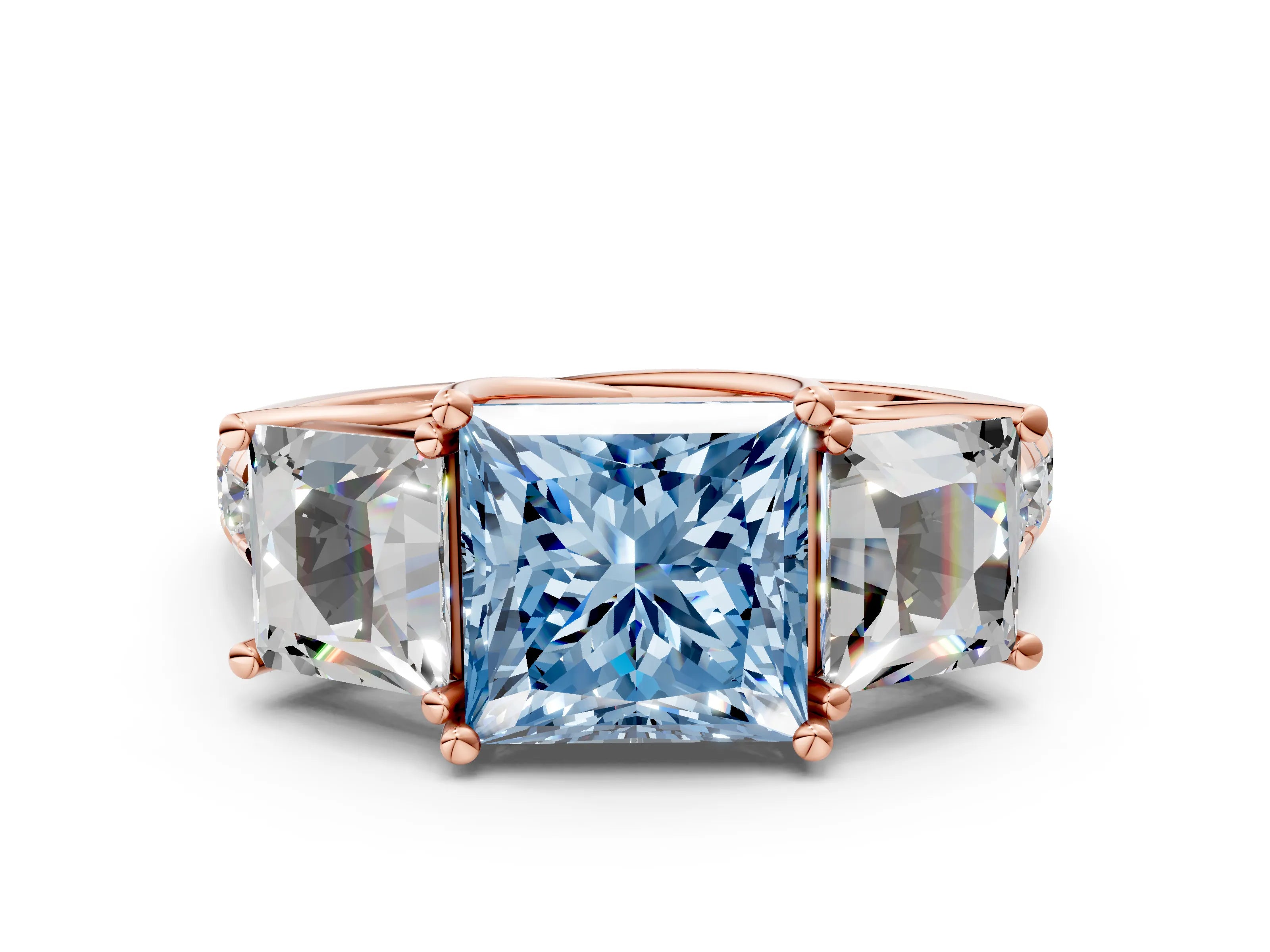 Rose gold Three-Stone Fancy Blue Princess Cut Diamond Pavé Band with Prong Setting
