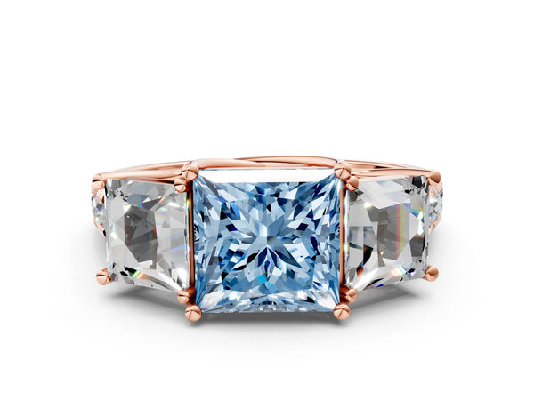 Rose gold Three-Stone Fancy Blue Princess Cut Diamond Pavé Band with Prong Setting