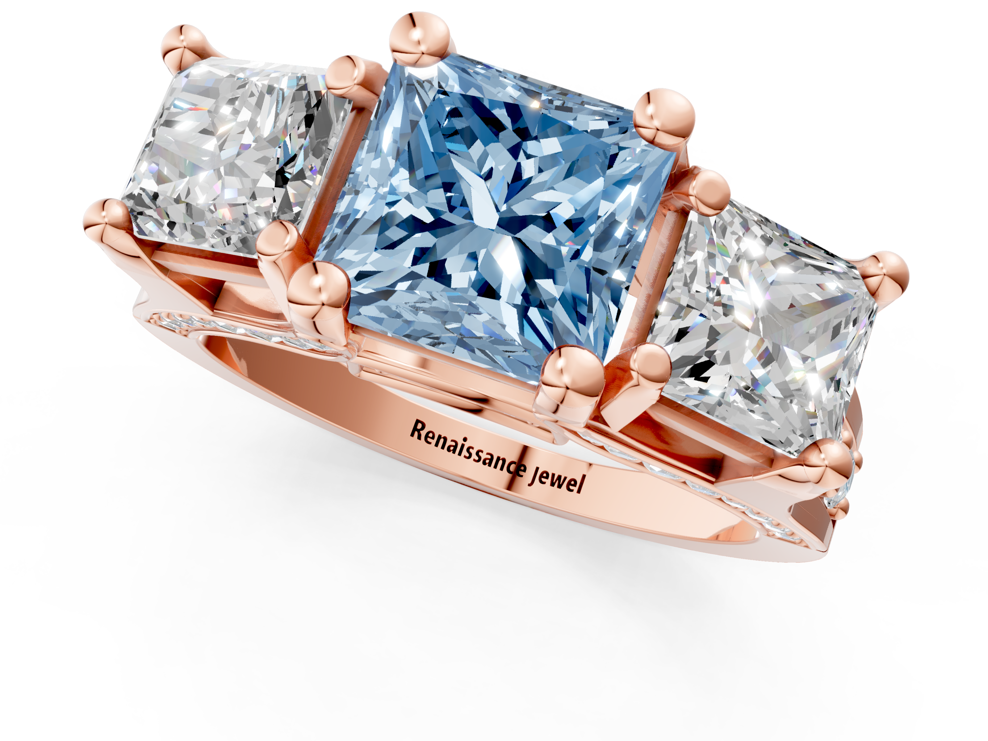 Rose gold Three-Stone Fancy Blue Princess  Cut Diamond Ring with Channel-Set Band and Four-Prong Setting_36
