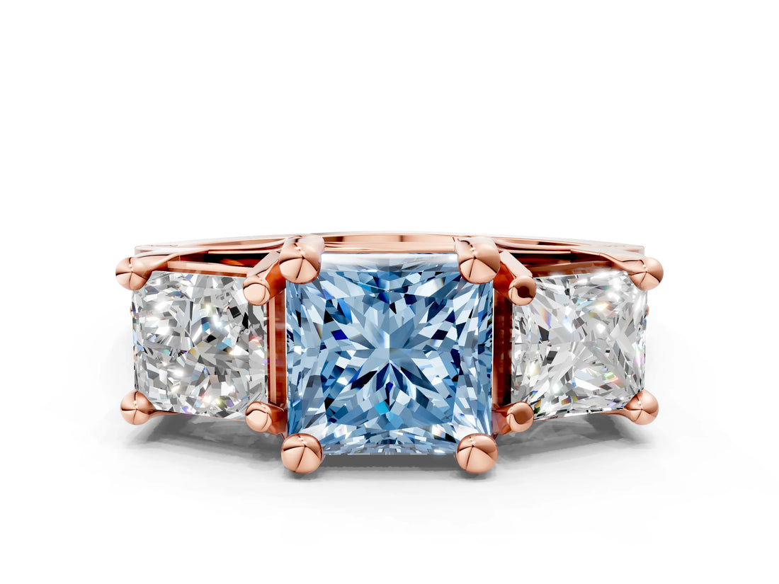 Rose gold Three-Stone Fancy Blue Princess  Cut Diamond Ring with Channel-Set Band and Four-Prong Setting_53
