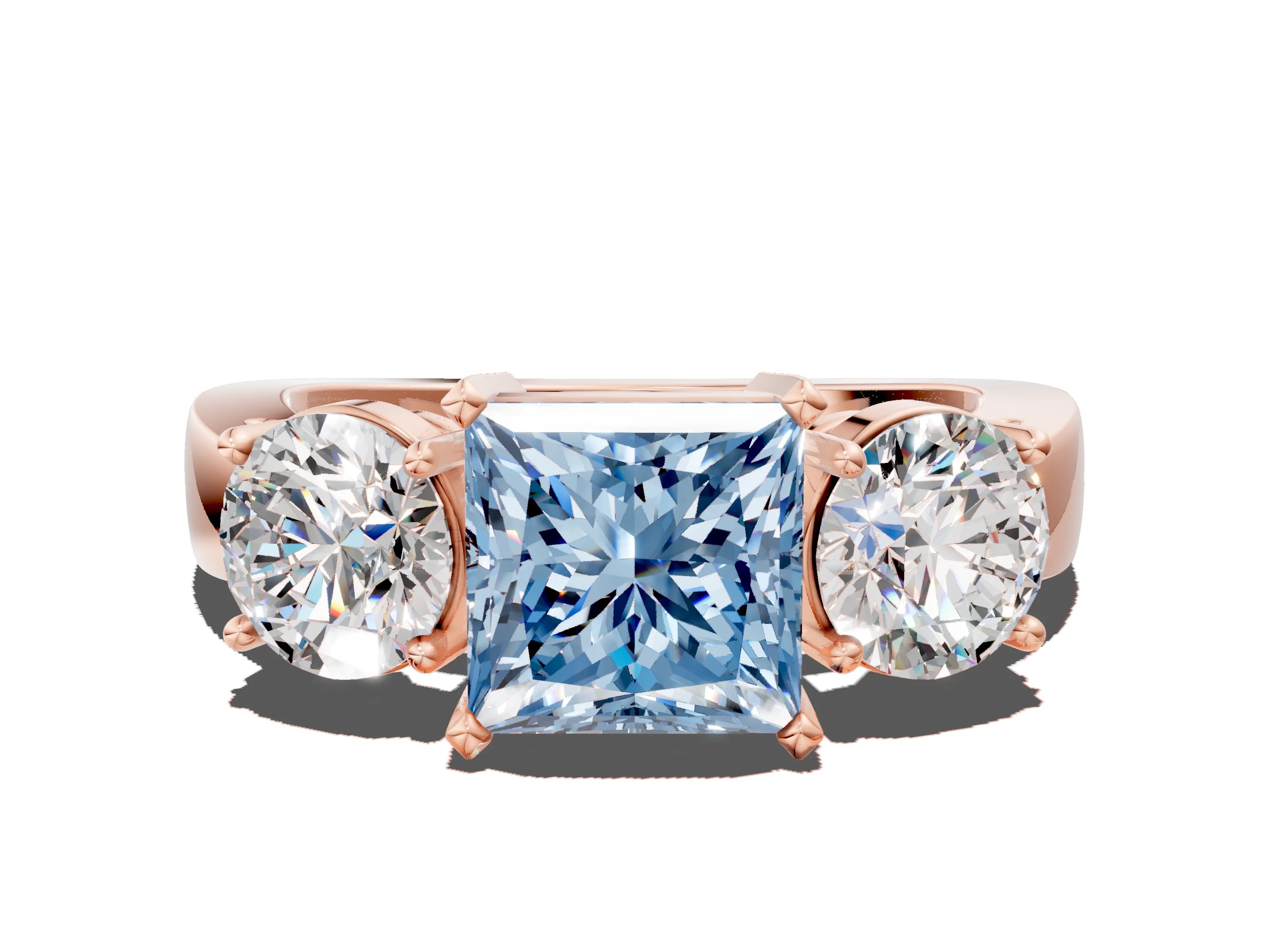 Rose gold Three-Stone Fancy Blue Princess Cut Diamond Ring with Round Side Stones, Classic Band, and Four-Prong Setting