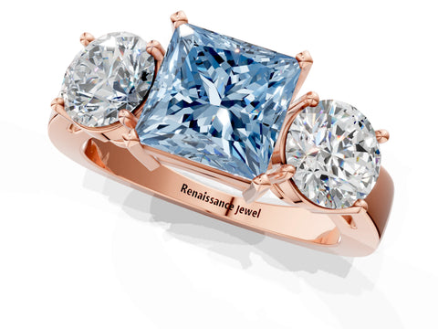 Rose gold Three-Stone Fancy Blue Princess Cut Diamond Ring with Round Side Stones, Classic Band, and Four-Prong Setting_1