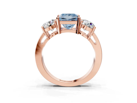 Rose gold Three-Stone Fancy Blue Princess Cut Diamond Ring with Round Side Stones, Classic Band, and Four-Prong Setting_3