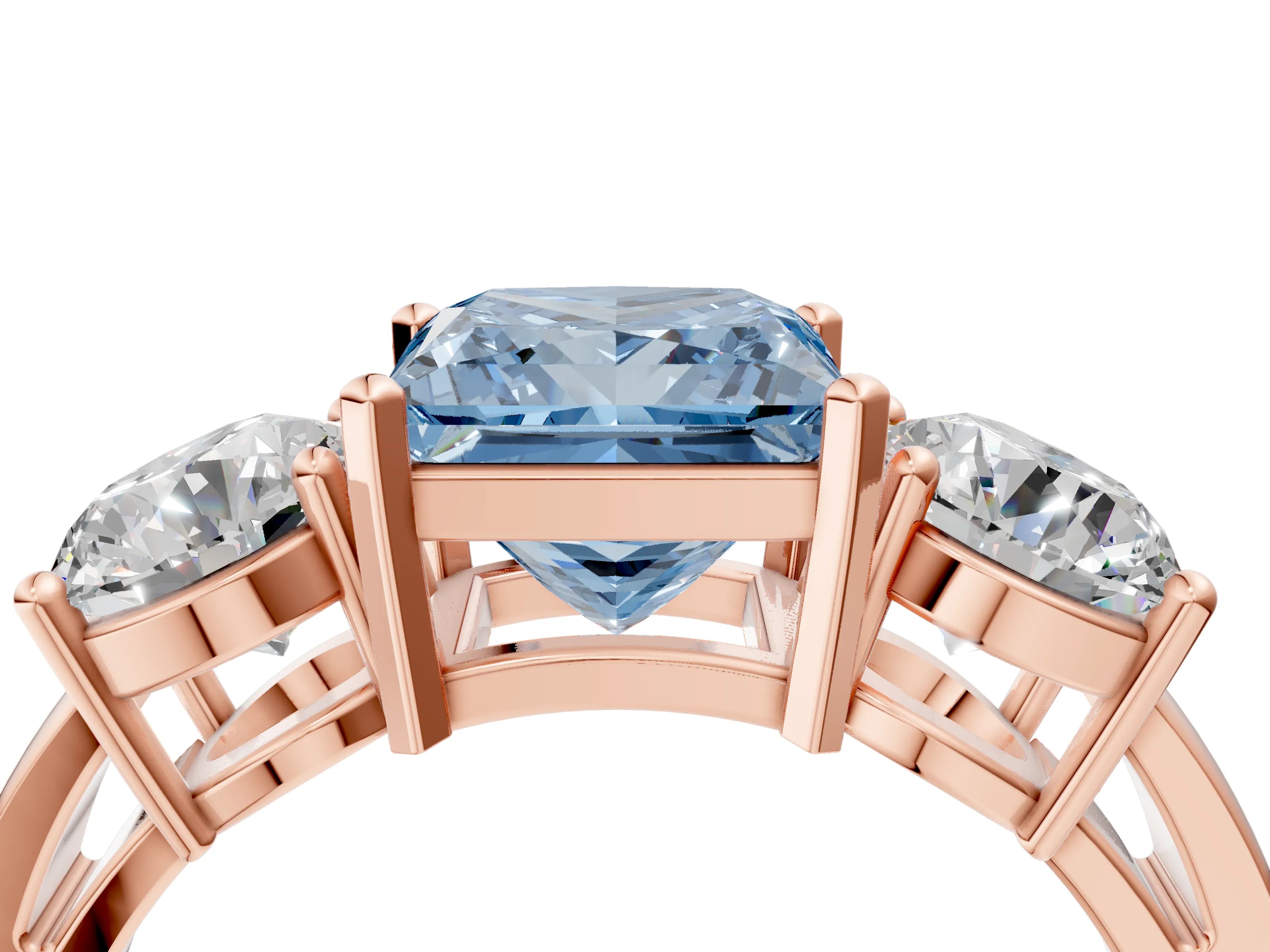 Rose gold Three-Stone Fancy Blue Princess Cut Diamond Ring with Round Side Stones, Classic Band, and Four-Prong Setting_4
