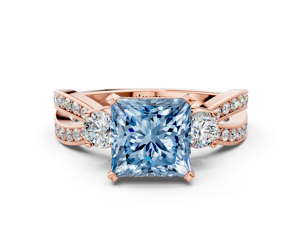 Rose gold Three-Stone Fancy Blue Princess  Cut Diamond Twist Band with Prong Setting