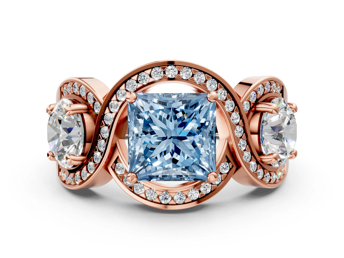 Rose gold Three-Stone Fancy Blue Princess Cut Diamond Wave Pave Band with Prong Setting
