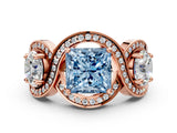 Rose gold Three-Stone Fancy Blue Princess Cut Diamond Wave Pave Band with Prong Setting