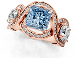 Rose gold Three-Stone Fancy Blue Princess Cut Diamond Wave Pave Band with Prong Setting_1