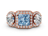 Rose gold Three-Stone Fancy Blue Princess Cut Halo Diamond Milgrain Band with Four-Prong Setting