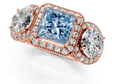 Rose gold Three-Stone Fancy Blue Princess Cut Halo Diamond Milgrain Band with Four-Prong Setting_1