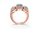 Rose gold Three-Stone Fancy Blue Princess Cut Halo Diamond Milgrain Band with Four-Prong Setting_3