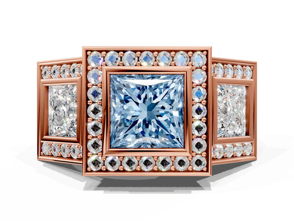Rose gold Three-Stone Fancy Blue Princess Cut Halo Pavé Diamond Ring