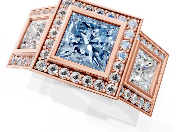 Rose gold Three-Stone Fancy Blue Princess Cut Halo Pavé Diamond Ring