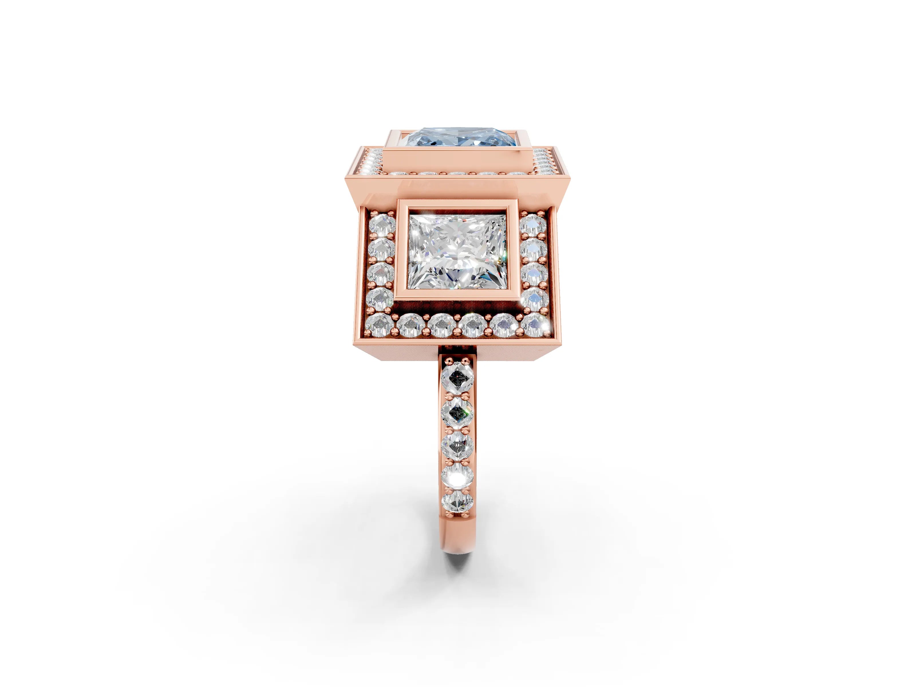 Rose gold Three-Stone Fancy Blue Princess Cut Halo Pavé Diamond Ring_14