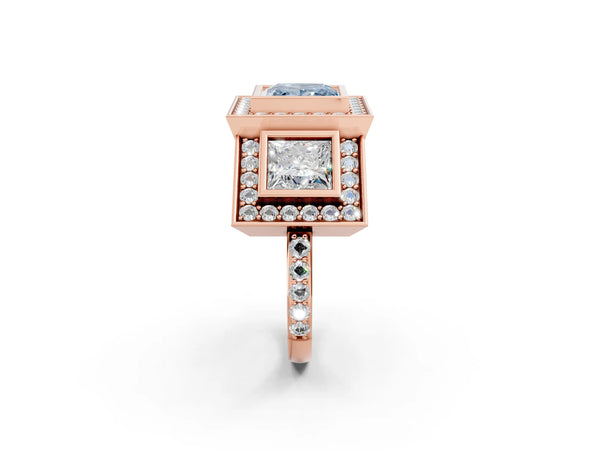 Rose gold Three-Stone Fancy Blue Princess Cut Halo Pavé Diamond Ring