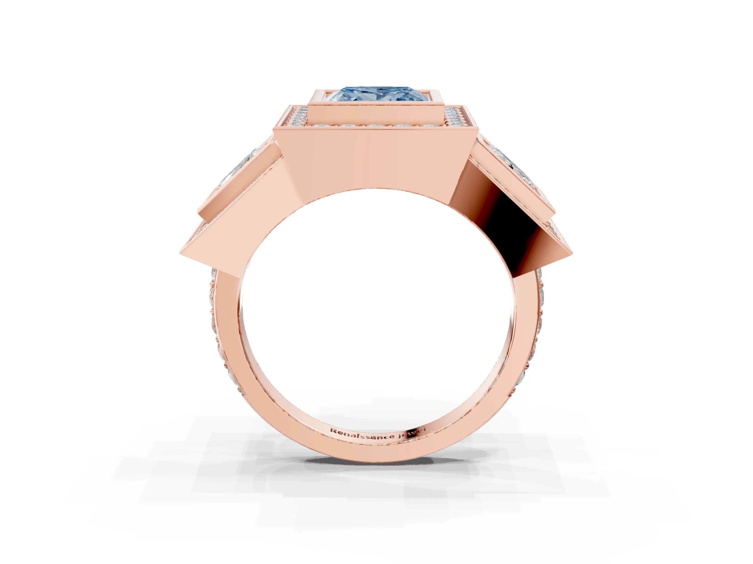 Rose gold Three-Stone Fancy Blue Princess Cut Halo Pavé Diamond Ring_15