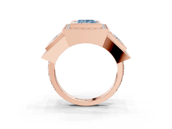Rose gold Three-Stone Fancy Blue Princess Cut Halo Pavé Diamond Ring