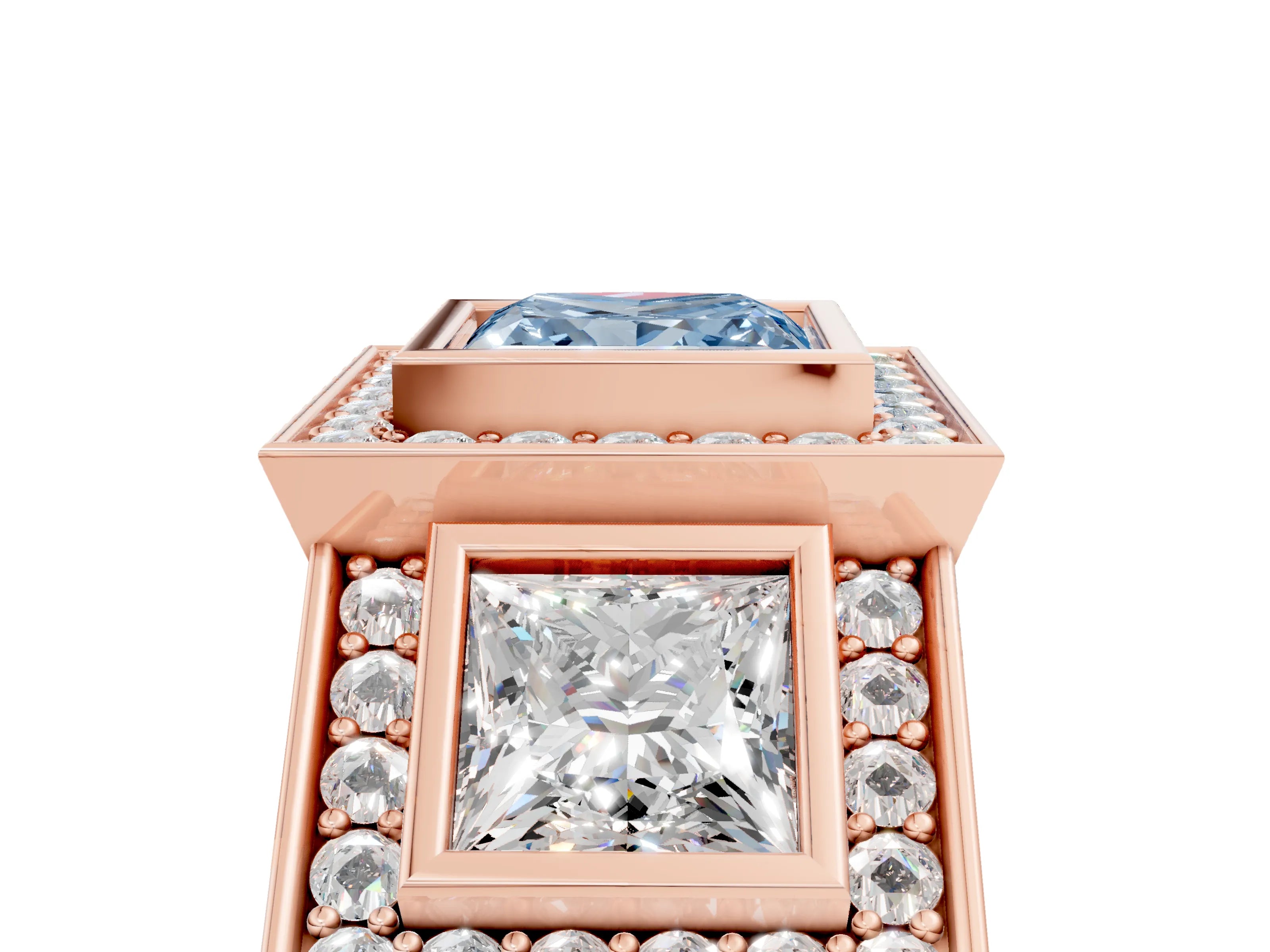 Rose gold Three-Stone Fancy Blue Princess Cut Halo Pavé Diamond Ring_17